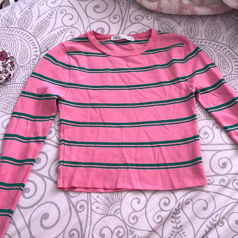 pink and green striped top